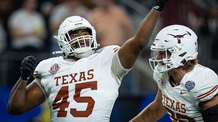 Texas Longhorns defensive lineman Vernon Broughton (45) celebrates a quarterback sack in the third quarter as the Texas Longhorns play the Ohio State Buckeyes in the Cotton Bowl College Football Playoff semi-final at AT&T Stadium in Dallas, Texas, Jan. 10, 2025.