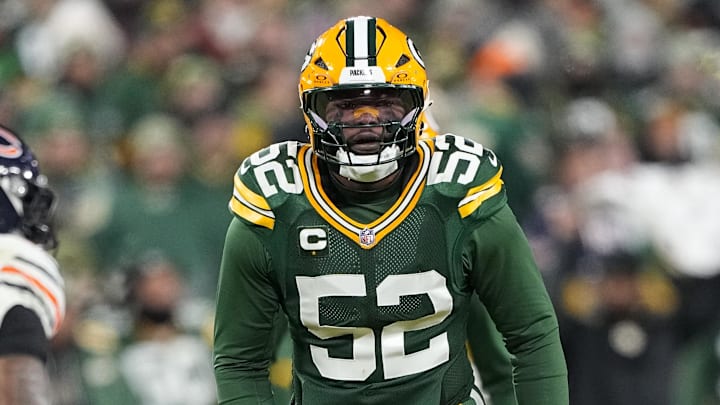 Dec 7, 2025; Green Bay, Wisconsin, USA;  Green Bay Packers defensive lineman Rashan Gary (52) during the game against the Chicago Bears at Lambeau Field. Mandatory Credit: Jeff Hanisch-Imagn Images