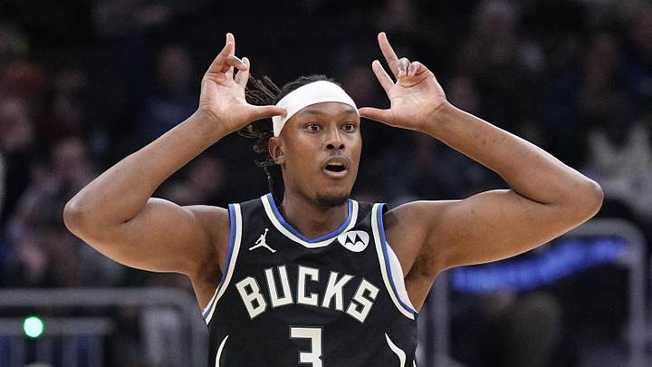 Milwaukee Bucks center Myles Turner (3) puts up the Bucks horns after making a three point basket against the Philadelphia 76ers in the first half at Fiserv Forum on December 5, 2025.