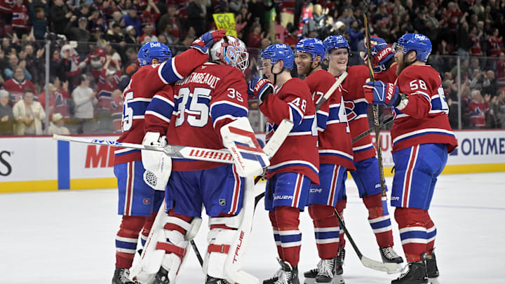 Apr 8, 2025; Montreal, Quebec, CAN; Montreal Canadiens goalie Sam Montembeault (35) celebrates the win against the Detroit Red Wings with teammates at the Bell Centre. Mandatory Credit: Eric Bolte-Imagn Images