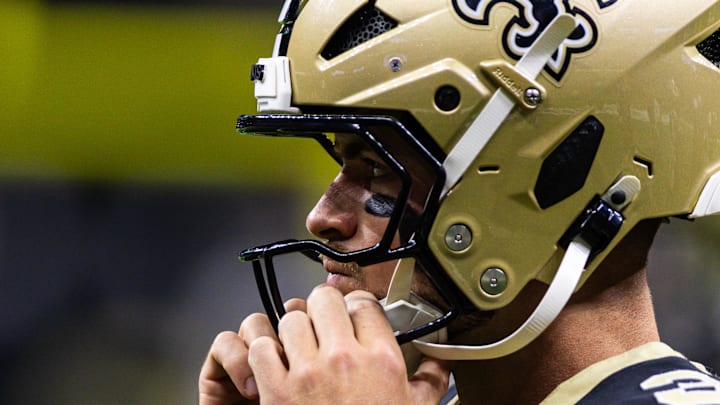 Aug 17, 2025; New Orleans, Louisiana, USA;  New Orleans Saints quarterback Jake Haener (3) during the warmups at Caesars Superdome. Mandatory Credit: Stephen Lew-Imagn Images