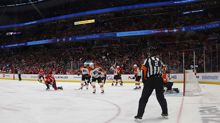 Mar 1, 2024; Washington, District of Columbia, USA; Washington Capitals left wing Alex Ovechkin (8) celebrates after scoring a goal against the Philadelphia Flyers in the second period at Capital One Arena.