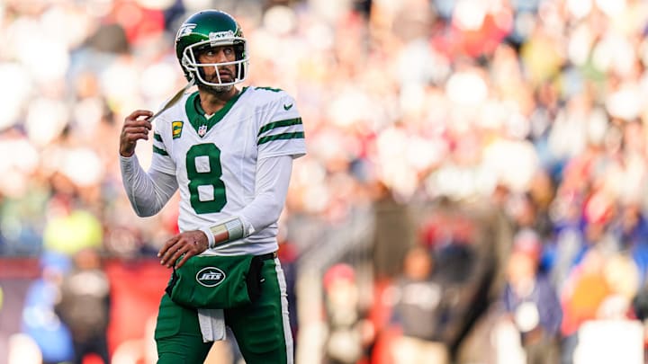 Oct 27, 2024; Foxborough, Massachusetts, USA; New York Jets quarterback Aaron Rodgers (8) on the field against the New England Patriots in the second half at Gillette Stadium.