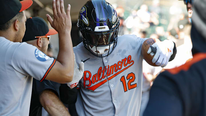 Sep 17, 2025; Chicago, Illinois, USA; Baltimore Orioles left fielder Dylan Beavers (12) celebrates with teammates in the dugout after hitting a two-run home run against the Chicago White Sox during the fourth inning at Rate Field. Mandatory Credit: Kamil Krzaczynski-Imagn Images Sep 17, 2025; Chicago, Illinois, USA; Baltimore Orioles left fielder Dylan Beavers (12) celebrates with teammates in the dugout after hitting a two-run home run against the Chicago White Sox during the fourth inning at Rate Field. Mandatory Credit: Kamil Krzaczynski-Imagn Images