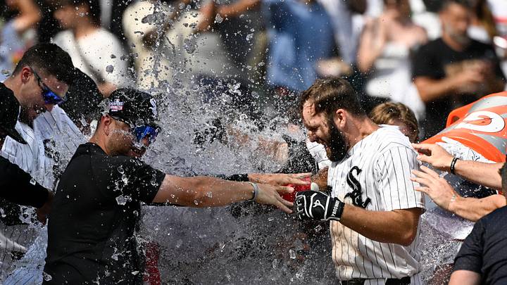 Aug 23, 2026; Chicago, Illinois, USA; Chicago White Sox center fielder Tristan Peters (29), right, is doused by his teammates after he hits a walk-off home run during the ninth inning against the New York Mets at Rate Field. Mandatory Credit: Matt Marton-Imagn Images Aug 23, 2026; Chicago, Illinois, USA; Chicago White Sox center fielder Tristan Peters (29), right, is doused by his teammates after he hits a walk-off home run during the ninth inning against the New York Mets at Rate Field. Mandatory Credit: Matt Marton-Imagn Images