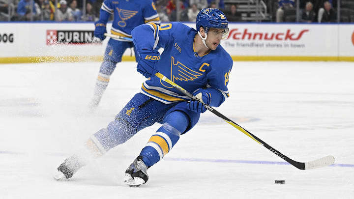 Jan 16, 2026; St. Louis, Missouri, USA; St. Louis Blues center Brayden Schenn (10) skates against the Tampa Bay Lightning during the second period at Enterprise Center. Mandatory Credit: Jeff Le-Imagn Images