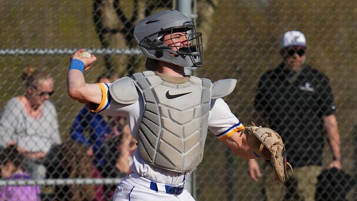 Germantown catcher Grady Cheever (3) takes aim on second versus Menomonee Falls in a Greater Metro Conference game on April 22, 2026. Germantown catcher Grady Cheever (3) takes aim on second versus Menomonee Falls in a Greater Metro Conference game on April 22, 2026.
