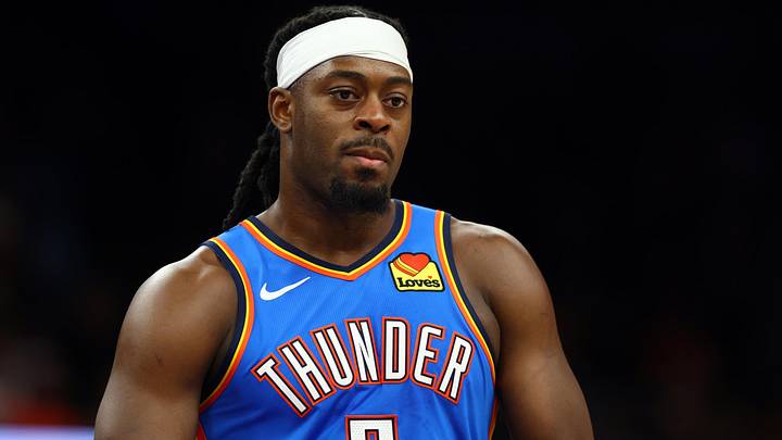 Apr 27, 2026; Phoenix, Arizona, USA; Oklahoma City Thunder guard Luguentz Dort (5) against the Phoenix Suns during game four of the first round of the 2026 NBA Playoffs at Mortgage Matchup Center. Mandatory Credit: Mark J. Rebilas-Imagn Images