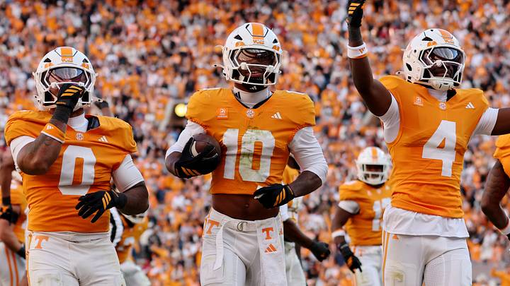 Oct 17, 2026; Knoxville, Tennessee, USA;  Tennessee Volunteers defensive back Dejuan Lane (10) celebrates after recovering a fumble against the Alabama Crimson Tide during the first half at Neyland Stadium.  Mandatory Credit: Randy Sartin-Imagn Images