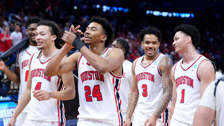 Houston celebrates following the second-round game in the NCAA men's basketball tournament between Houston Cougars and Texas A&M Aggies at Paycom Center in Oklahoma City, Saturday March 21, 2026.