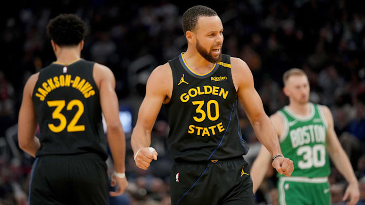 Jan 20, 2025; San Francisco, California, USA; Golden State Warriors guard Stephen Curry (30) reacts after the Warriors were called for a foul against the Boston Celtics in the second quarter at the Chase Center. Mandatory Credit: Cary Edmondson-Imagn Images
