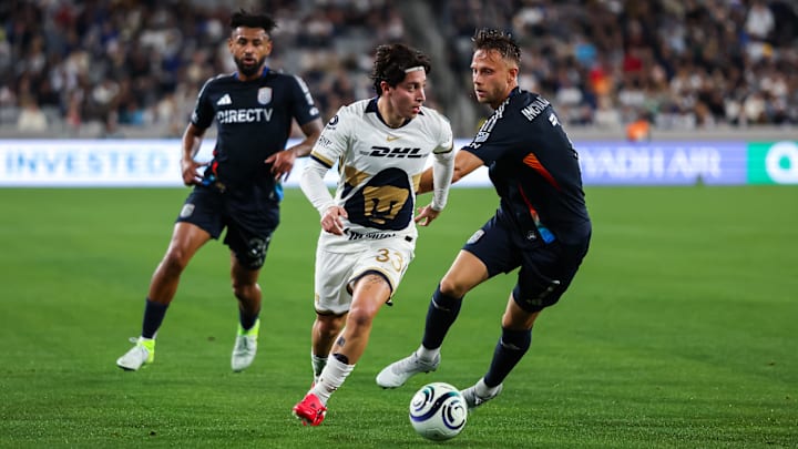 Feb 3, 2026; San Diego, California, USA; Pumas UNAM midfielder Jordan Carillo (33) defends against San Diego FC forward Marcus Ingvartsen (7) during the first half at Snapdragon Stadium. Mandatory Credit: Chadd Cady-Imagn Images