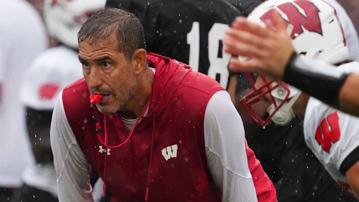 Wisconsin football head coach Luke Fickell observes practice Wednesday, July 30, 2025, at Ralph E. Davis Pioneer Stadium in Platteville, Wisconsin.