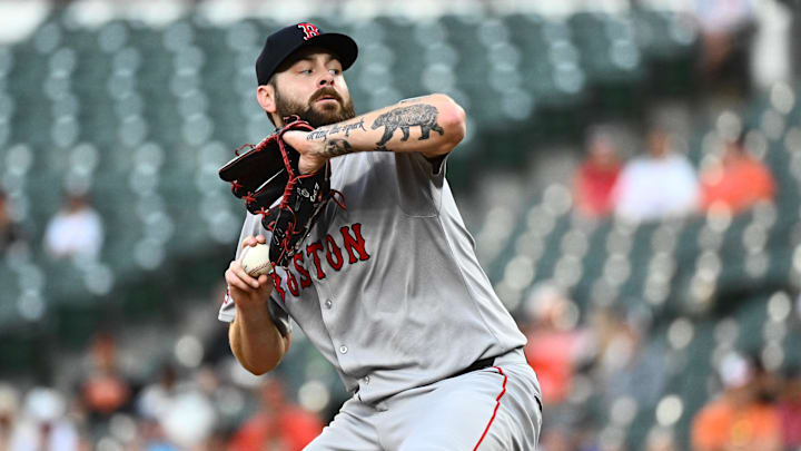 Aug 26, 2025; Baltimore, Maryland, USA; Boston Red Sox pitcher Lucas Giolito (54) delivers a pitch during the second inning against the Baltimore Orioles at Oriole Park at Camden Yards. Mandatory Credit: James A. Pittman-Imagn Images