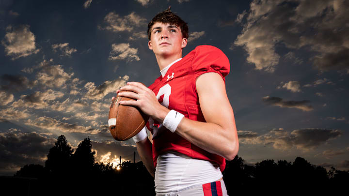 Brentwood Academy quarterback George MacIntyre, who was selected for the 2024 Dandy Dozen, poses for a portrait in Nashville, Tenn., Tuesday, July 9, 2024.