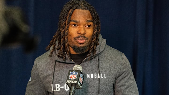 Feb 28, 2024; Indianapolis, IN, USA; Indiana linebacker Aaron Casey (LB05) talks to the media at the 2024 NFL Combine. Feb 28, 2024; Indianapolis, IN, USA; Indiana linebacker Aaron Casey (LB05) talks to the media at the 2024 NFL Combine.