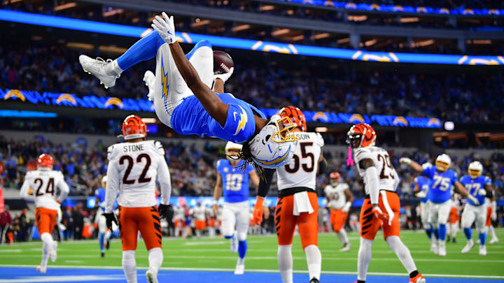 Nov 17, 2024; Inglewood, California, USA; Los Angeles Chargers wide receiver Quentin Johnston (1) celebrates his touchdown scored against the against the Cincinnati Bengals during the first half at SoFi Stadium. Mandatory Credit: Gary A. Vasquez-Imagn Images Nov 17, 2024; Inglewood, California, USA; Los Angeles Chargers wide receiver Quentin Johnston (1) celebrates his touchdown scored against the against the Cincinnati Bengals during the first half at SoFi Stadium. Mandatory Credit: Gary A. Vasquez-Imagn Images