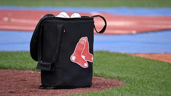 May 12, 2024; Boston, Massachusetts, USA;  A bag of baseballs sits on the diamond before a game against between the Boston Red Sox and the Washington Nationals at Fenway Park. Mandatory Credit: Eric Canha-Imagn Images