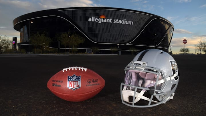 Dec 26, 2020; Paradise, Nevada, USA; A general view of a 2020 NFL Wilson official Duke football and Las Vegas Raiders helmet outside of Allegiant Stadium  before the game against the Miami Dolphins. Mandatory Credit: Kirby Lee-Imagn Images
