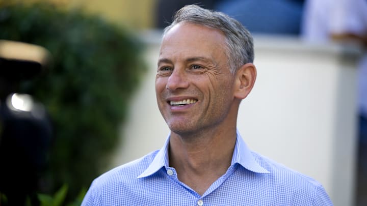 Nov 8, 2023; Scottsdale, AZ, USA; Chicago Cubs president of baseball operations Jed Hoyer speaks to the media during the MLB General Manager's Meetings at Omni Scottsdale Resort & Spa