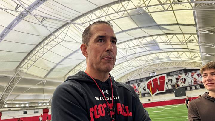 Wisconsin football coach Luke Fickell speaks to reporters after the first spring practice Thursday, March 19, 2026 at the McClain Center in Madison.