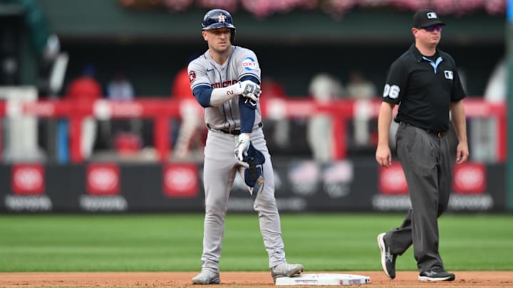 Aug 28, 2024; Philadelphia, Pennsylvania, USA; Houston Astros infielder Alex Bregman (2) looks on after hitting a double against the Philadelphia Phillies in the fourth inning at Citizens Bank Park. Mandatory Credit: Kyle Ross-Imagn Images Aug 28, 2024; Philadelphia, Pennsylvania, USA; Houston Astros infielder Alex Bregman (2) looks on after hitting a double against the Philadelphia Phillies in the fourth inning at Citizens Bank Park. Mandatory Credit: Kyle Ross-Imagn Images