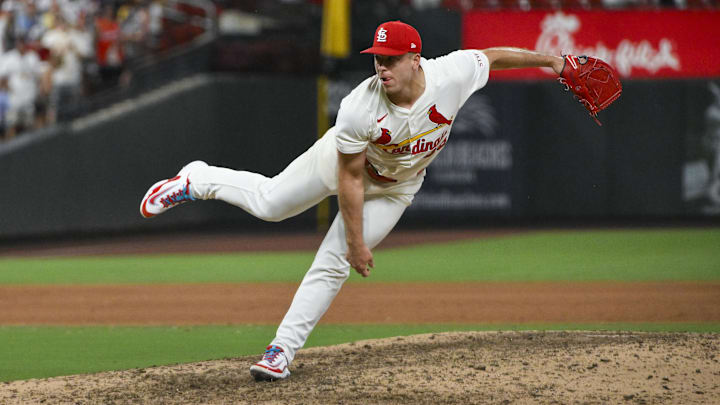 Jul 24, 2025; St. Louis, Missouri, USA;  St. Louis Cardinals relief pitcher Ryan Helsley (56) pitches against the San Diego Padres during the ninth inning at Busch Stadium. Mandatory Credit: Jeff Curry-Imagn Images