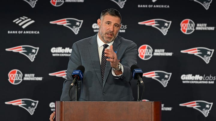 Jan 13, 2025; Foxborough, MA, USA; Mike Vrabel addresses media at a press conference to announce his hiring as the new head coach of the New England Patriots at Gillette Stadium. Mandatory Credit: Eric Canha-Imagn Images
