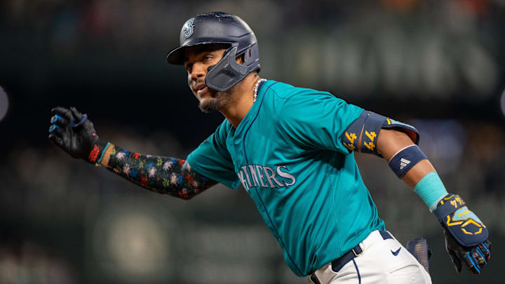 Seattle Mariners center fielder Julio Rodriguez celebrates after a hit against the Oakland Athletics on Sept. 28 at T-Mobile Park. Seattle Mariners center fielder Julio Rodriguez celebrates after a hit against the Oakland Athletics on Sept. 28 at T-Mobile Park.