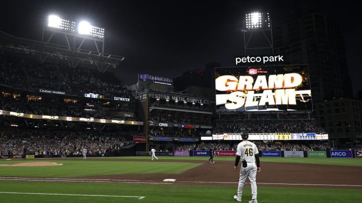 Jun 25, 2024; San Diego, California, USA; San Diego Padres left fielder Jurickson Profar (10) rounds the bases after hitting a grand slam home run against the Washington Nationals during the sixth inning at Petco Park. Mandatory Credit: Orlando Ramirez-USA TODAY Sports