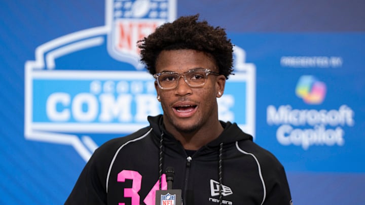 Feb 26, 2026; Indianapolis, IN, USA; Ohio State defensive back Caleb Downs (DB34) speaks to members of the media during the NFL Combine at the Indiana Convention Center. Mandatory Credit: Jacob Musselman-Imagn Images Feb 26, 2026; Indianapolis, IN, USA; Ohio State defensive back Caleb Downs (DB34) speaks to members of the media during the NFL Combine at the Indiana Convention Center. Mandatory Credit: Jacob Musselman-Imagn Images