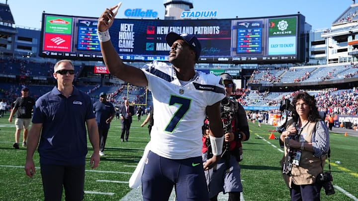 Seattle Seahawks quarterback Geno Smith (7) on a video call after defeating the New England Patriots at Gillette Stadium last Sunday.