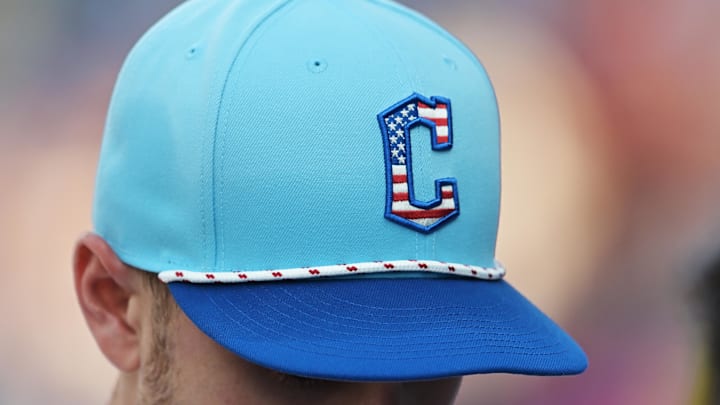 Jul 4, 2025; Cleveland, Ohio, USA; A detail of the Cleveland Guardians Fourth of July hat before the game between the Guardians and the Detroit Tigers at Progressive Field. Mandatory Credit: Ken Blaze-Imagn Images