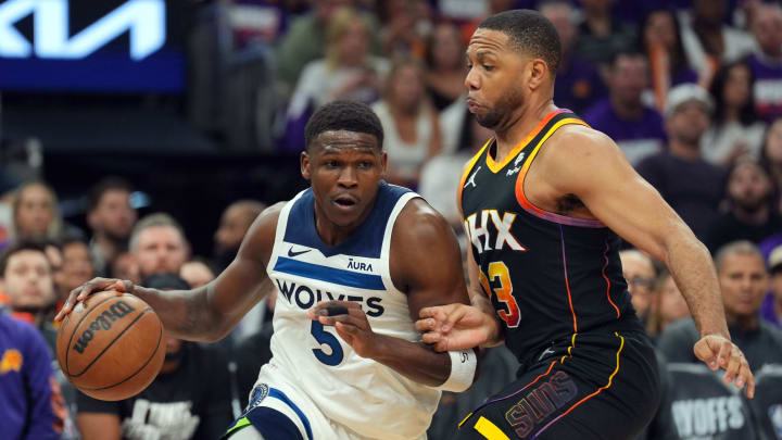 Apr 26, 2024; Phoenix, Arizona, USA; Minnesota Timberwolves guard Anthony Edwards (5) dribbles Apr 26, 2024; Phoenix, Arizona, USA; Minnesota Timberwolves guard Anthony Edwards (5) dribbles