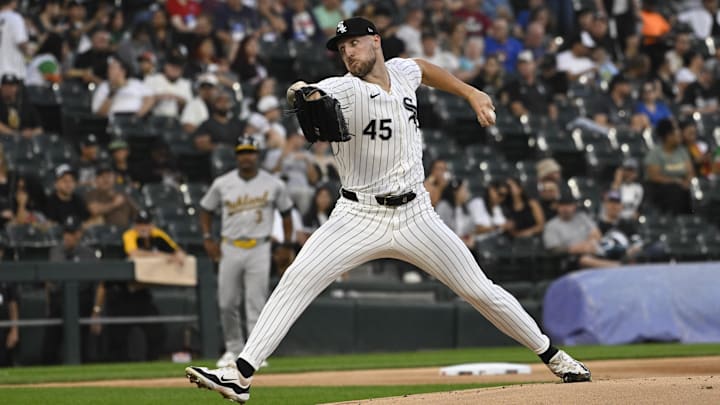 Sep 13, 2024; Chicago, Illinois, USA; Chicago White Sox pitcher Garrett Crochet (45) delivers against the Oakland Athletics during the first inning at Guaranteed Rate Field. Sep 13, 2024; Chicago, Illinois, USA; Chicago White Sox pitcher Garrett Crochet (45) delivers against the Oakland Athletics during the first inning at Guaranteed Rate Field.