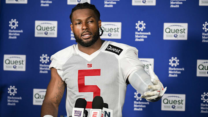 New York Giants EDGE Kayvon Thibodeaux speaks at a press conference during minicamp at Quest Diagnostics Training Center. New York Giants EDGE Kayvon Thibodeaux speaks at a press conference during minicamp at Quest Diagnostics Training Center.