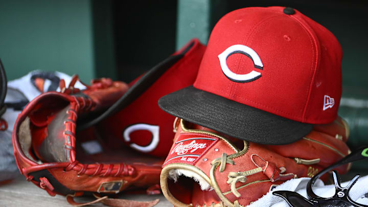 Jul 23, 2025; Washington, District of Columbia, USA; General view of Cincinnati Reds hat during the game against the Washington Nationals at Nationals Park. Mandatory Credit: Brad Mills-Imagn Images
