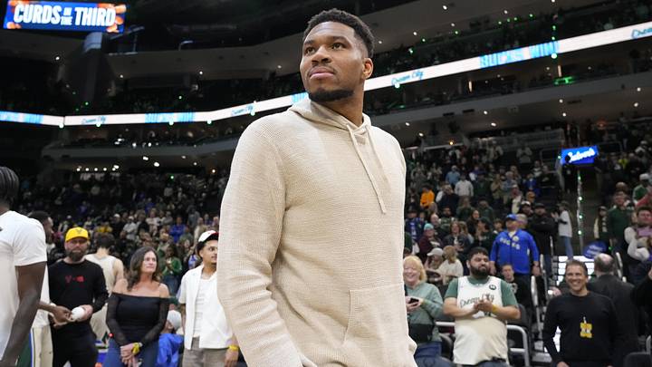 Apr 10, 2026; Milwaukee, Wisconsin, USA; Milwaukee Bucks forward Giannis Antetokounmpo (34) looks around following the game against the Brooklyn Nets at Fiserv Forum. Apr 10, 2026; Milwaukee, Wisconsin, USA; Milwaukee Bucks forward Giannis Antetokounmpo (34) looks around following the game against the Brooklyn Nets at Fiserv Forum.