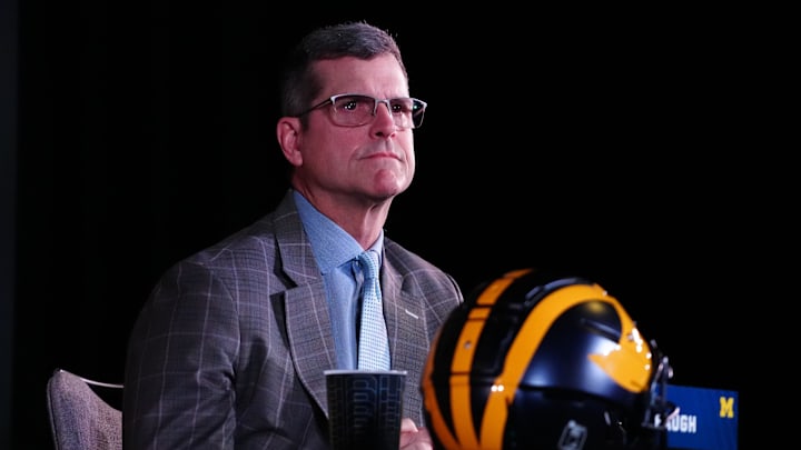 Jan 7, 2024; Houston, TX, USA; Michigan Wolverines coach Jim Harbaugh at the CFP National