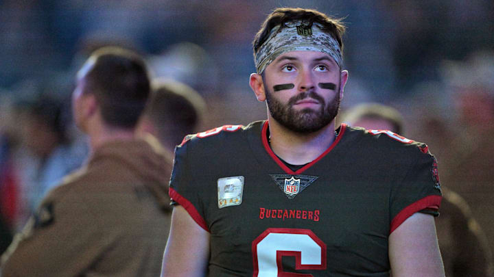Nov 26, 2023; Indianapolis, Indiana, USA; Tampa Bay Buccaneers quarterback Baker Mayfield (6) looks