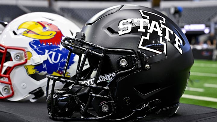 Jul 12, 2023; Arlington, TX, USA; A view of the Iowa State Cyclones helmet and logo during Big 12 football media day at AT&T Stadium. Jul 12, 2023; Arlington, TX, USA; A view of the Iowa State Cyclones helmet and logo during Big 12 football media day at AT&T Stadium.