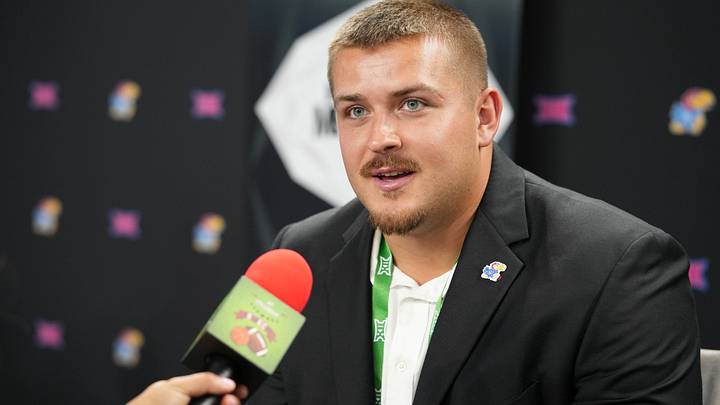 Jul 8, 2026; Frisco, TX, USA;  Kansas defensive tackle Blake Herold speaks to reporters during Big 12 Conference Football Media Days at The Star. Mandatory Credit: Raymond Carlin III-Imagn Images