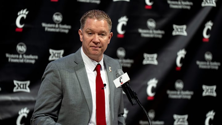 Cincinnati head coach Jerrod Calhoun speaks during a press conference announcing him as the head men's basketball coach at Fifth Third Arena in Cincinnati on Wednesday, March 25, 2026.