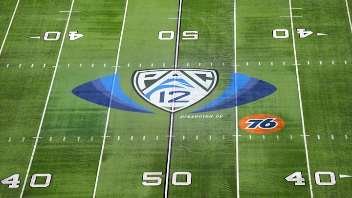 Dec 1, 2023; Las Vegas, NV, USA; The Pac-12 Conference logo at midfield at Allegiant Stadium. Mandatory Credit: Kirby Lee-Imagn Images Dec 1, 2023; Las Vegas, NV, USA; The Pac-12 Conference logo at midfield at Allegiant Stadium. Mandatory Credit: Kirby Lee-Imagn Images