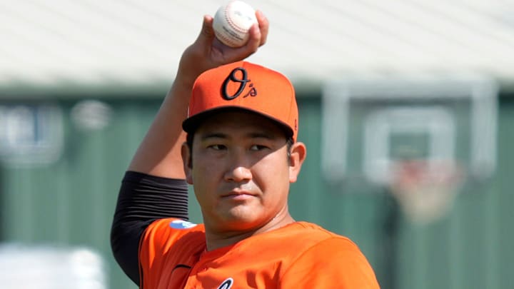 Orioles right-hand pitcher Tomoyuki Sugano gets warmed up before his session in the bullpen on Tuesday. The Baltimore Orioles held their first full-squad workout of the 2025 spring training season on Tuesday, Feb. 18th in Sarasota, Florida Orioles right-hand pitcher Tomoyuki Sugano gets warmed up before his session in the bullpen on Tuesday. The Baltimore Orioles held their first full-squad workout of the 2025 spring training season on Tuesday, Feb. 18th in Sarasota, Florida