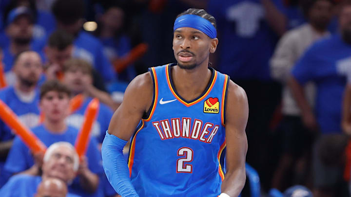 May 18, 2025; Oklahoma City, Oklahoma, USA; Oklahoma City Thunder guard Shai Gilgeous-Alexander (2) dribbles the ball down the court against the Denver Nuggets in the second half during game seven of the second round for the 2025 NBA Playoffs at Paycom Center. Mandatory Credit: Alonzo Adams-Imagn Images