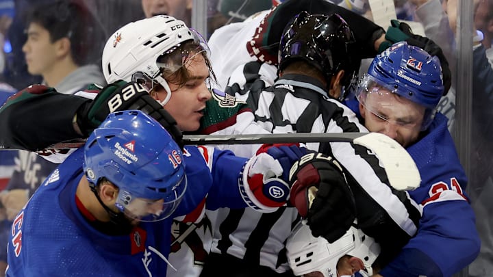 Oct 16, 2023; New York, New York, USA; Arizona Coyotes right wing Clayton Keller (9) and center Nick