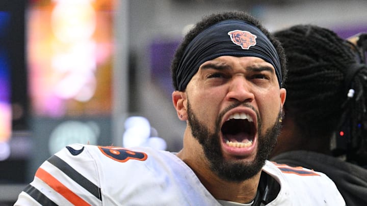 Chicago Bears quarterback Caleb Williams (18) reacts after defeating the Minnesota Vikings. Chicago Bears quarterback Caleb Williams (18) reacts after defeating the Minnesota Vikings.