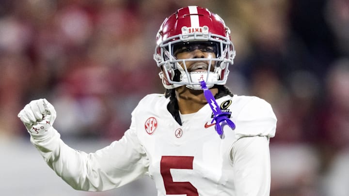 Dec 19, 2025; Norman, OK, USA; Alabama Crimson Tide defensive back Dijon Lee Jr. (5) against the Oklahoma Sooners during the CFP National Playoff First Round at Gaylord Family Oklahoma Memorial Stadium. Mandatory Credit: Mark J. Rebilas-Imagn Images