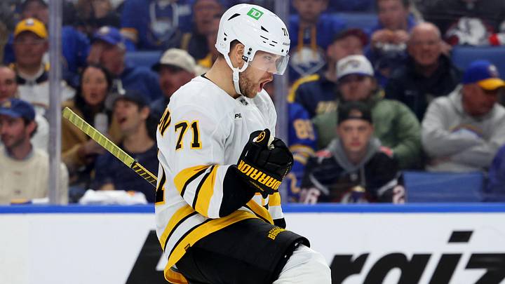 Apr 21, 2026; Buffalo, New York, USA; Boston Bruins left wing Viktor Arvidsson (71) reacts after scoring a goal during the third period against the Buffalo Sabres in game two of the first round of the 2026 Stanley Cup Playoffs at KeyBank Center. Mandatory Credit: Timothy T. Ludwig-Imagn Images